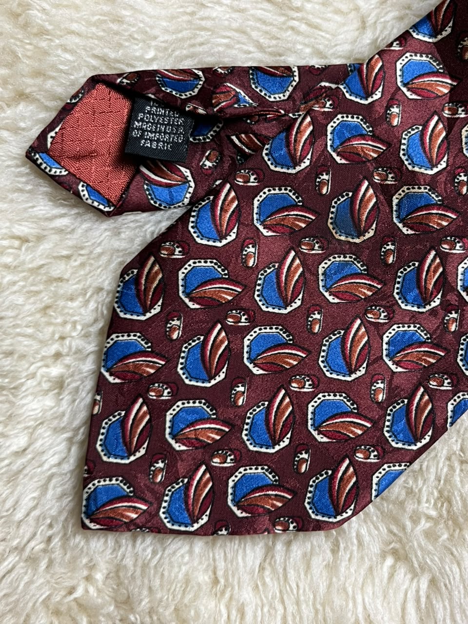 Christian Dior Monsieur Polyester Tie Mens Burgundy Blue Geometric Abstract Motif USA