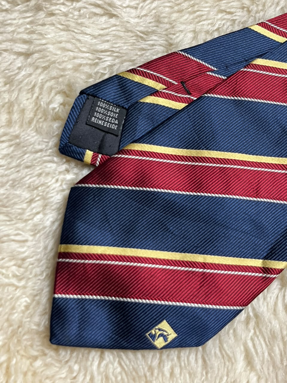 Pierre Balmain Paris 100% Silk Tie Mens Navy Red Gold Striped Regimental Motif France