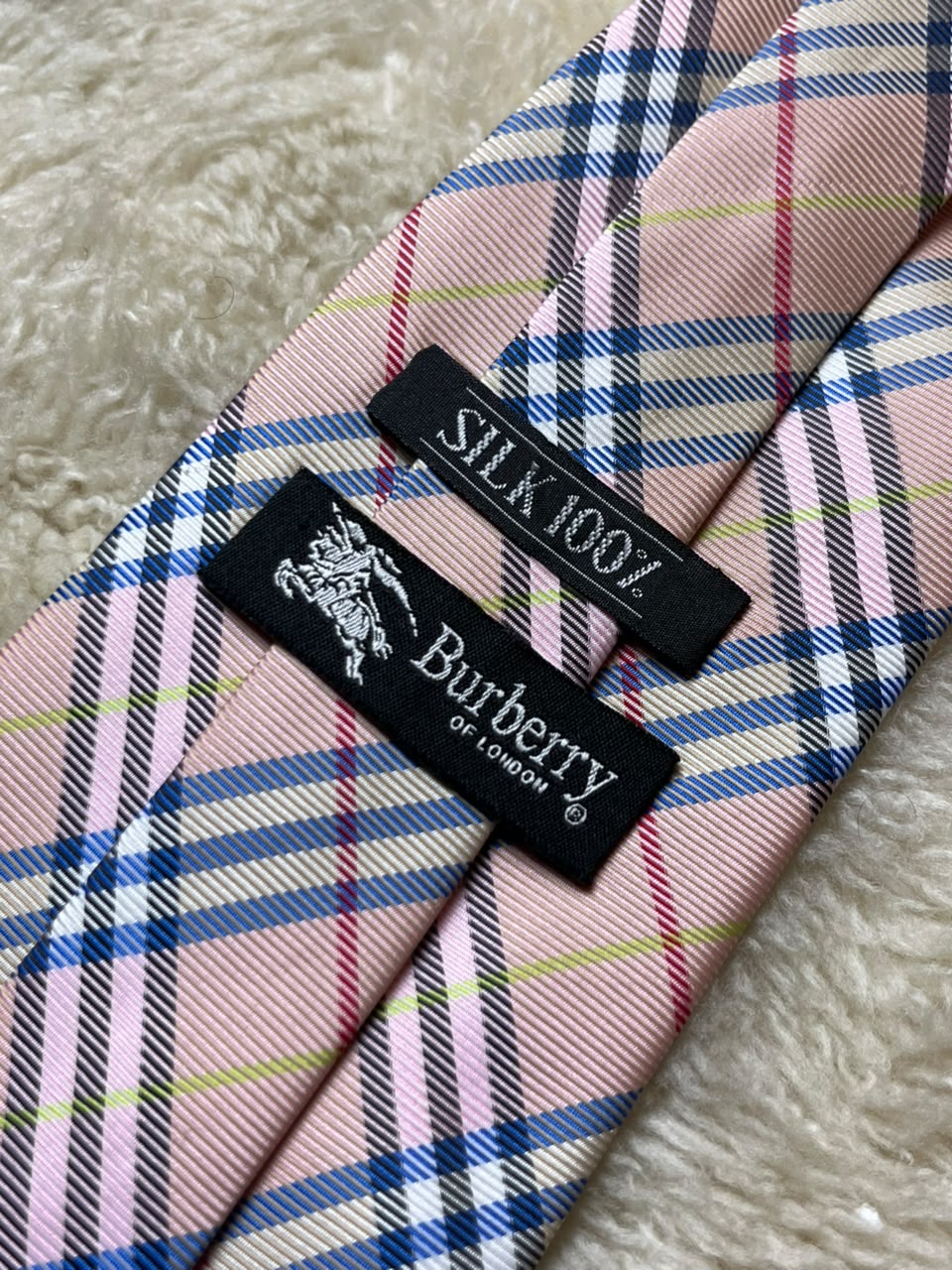 Burberry of London 100% Silk Tie Mens Pink Blue Check Tartan Plaid England