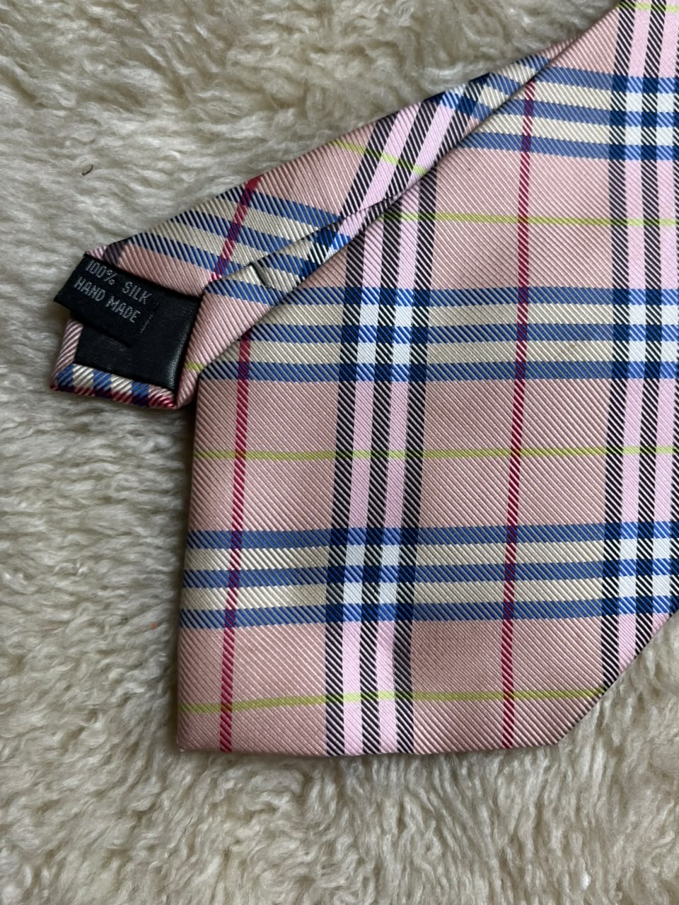 Burberry of London 100% Silk Tie Mens Pink Blue Check Tartan Plaid England