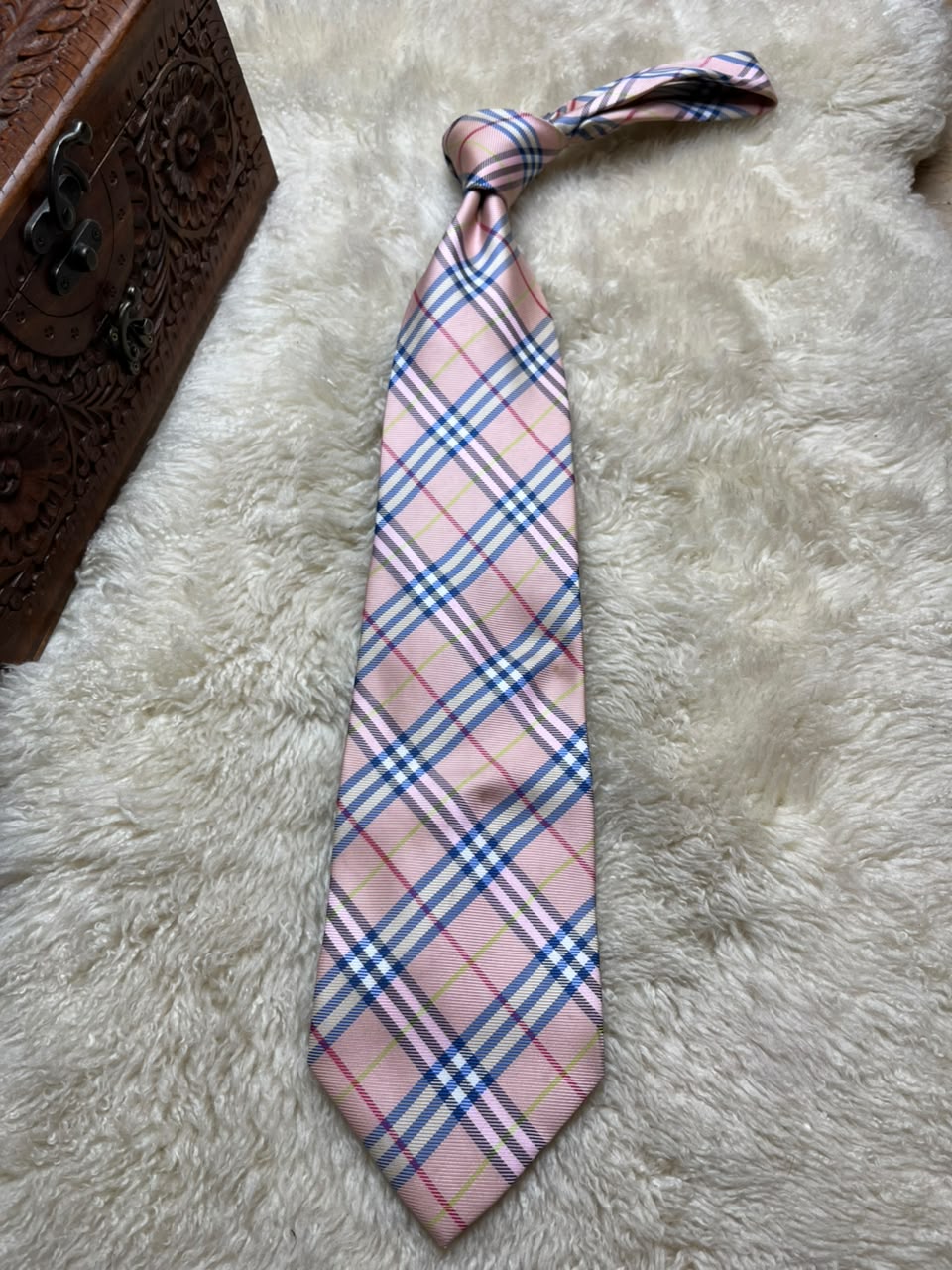Burberry of London 100% Silk Tie Mens Pink Blue Check Tartan Plaid England