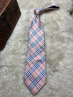 Burberry of London 100% Silk Tie Mens Pink Blue Check Tartan Plaid England