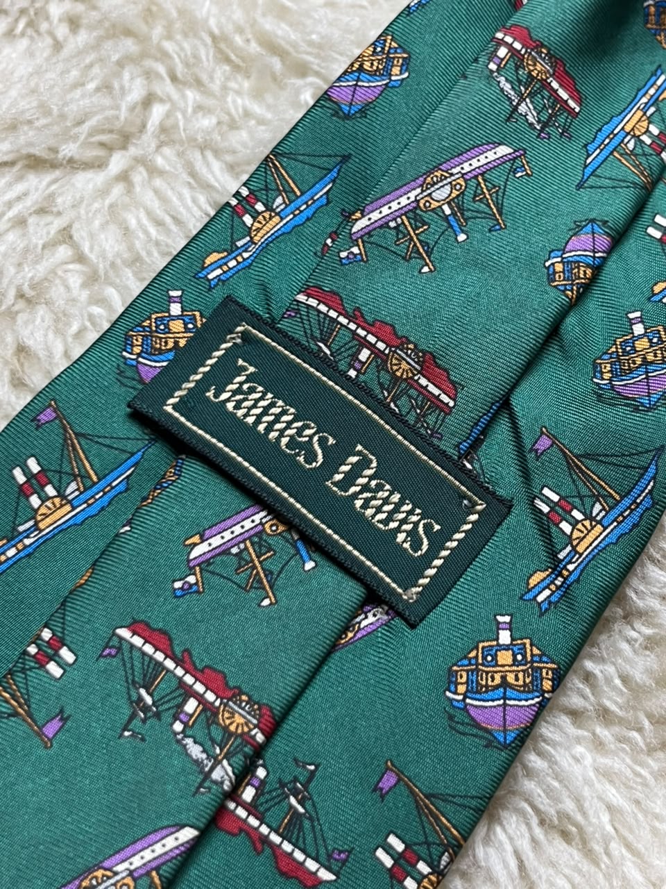 James Davis Silk Tie Mens Green Red Paddle Steamer Boat Motif