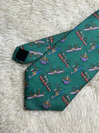 James Davis Silk Tie Mens Green Red Paddle Steamer Boat Motif
