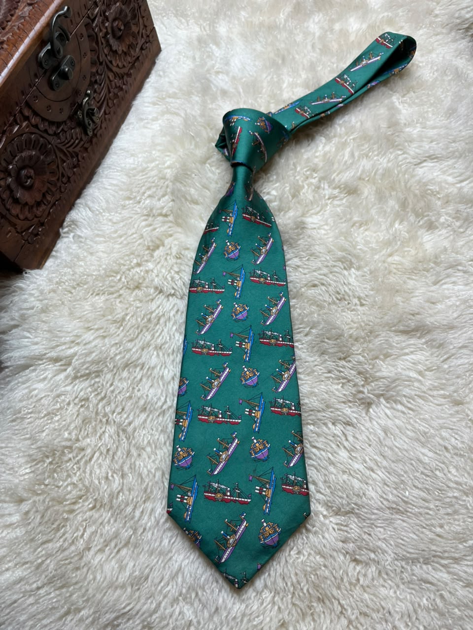 James Davis Silk Tie Mens Green Red Paddle Steamer Boat Motif