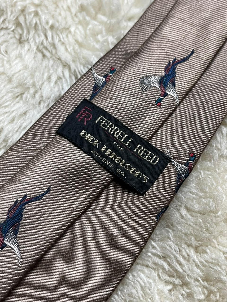Ferrell Reed Dick Ferguson's Silk Tie Mens Taupe Blue Pheasant Bird Hunting Motif USA