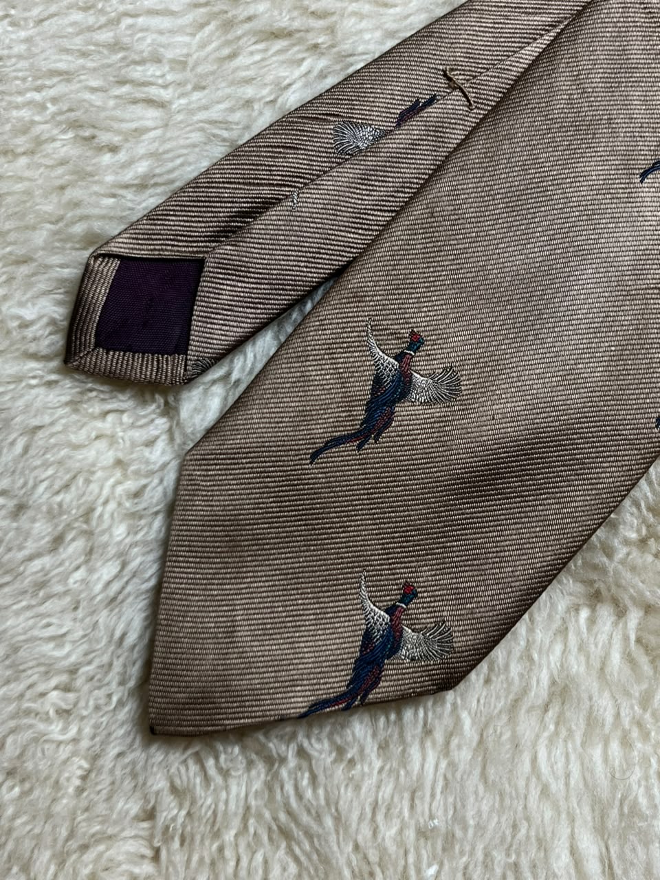 Ferrell Reed Dick Ferguson's Silk Tie Mens Taupe Blue Pheasant Bird Hunting Motif USA