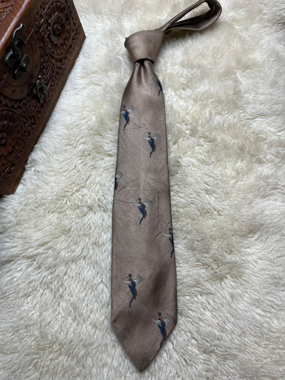 Ferrell Reed Dick Ferguson's Silk Tie Mens Taupe Blue Pheasant Bird Hunting Motif USA
