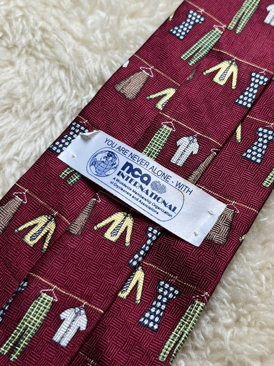 NCA International Silk Tie Mens Burgundy Green Yellow Clothesline Laundry Motif USA