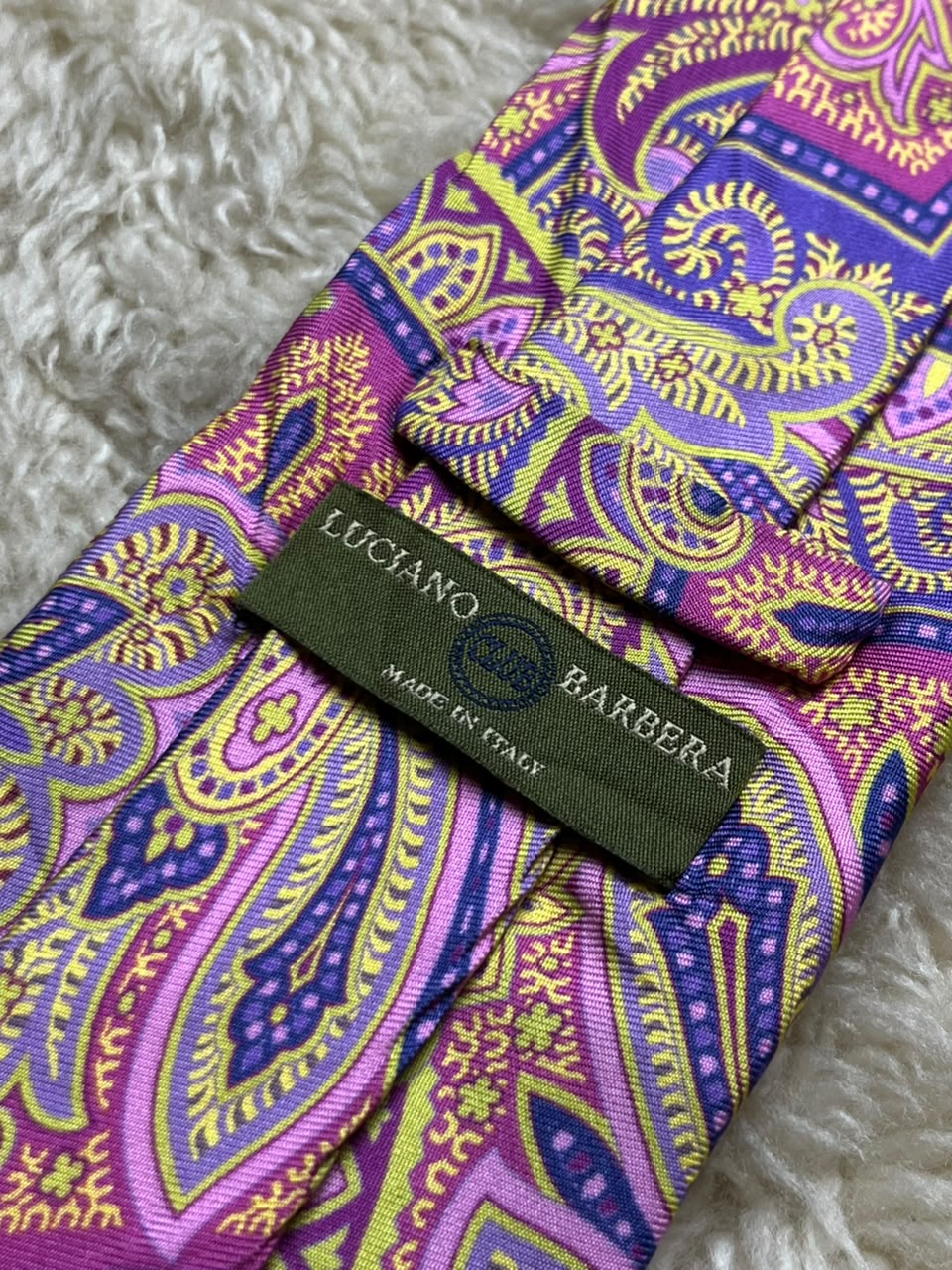 Luciano Barbera 100% Silk Tie Mens Purple Pink Yellow Baroque Paisley Italy