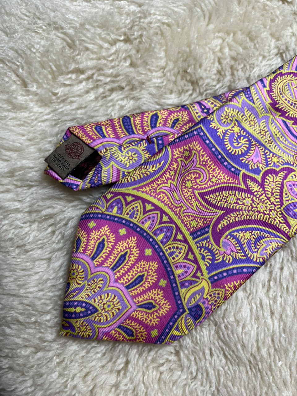 Luciano Barbera 100% Silk Tie Mens Purple Pink Yellow Baroque Paisley Italy