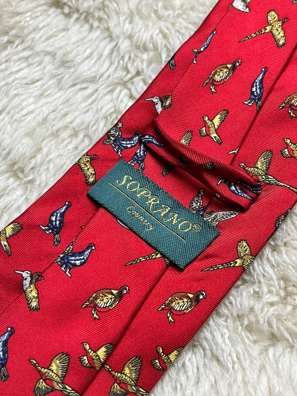 Soprano Country 100% Silk Tie Mens Red Gold Pheasant Bird Hunting Motif