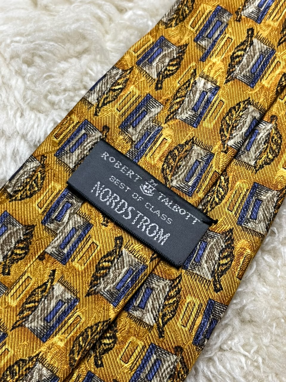 Robert Talbott Nordstrom 100% Silk Tie Mens Gold Blue Geometric Scroll Medallion USA