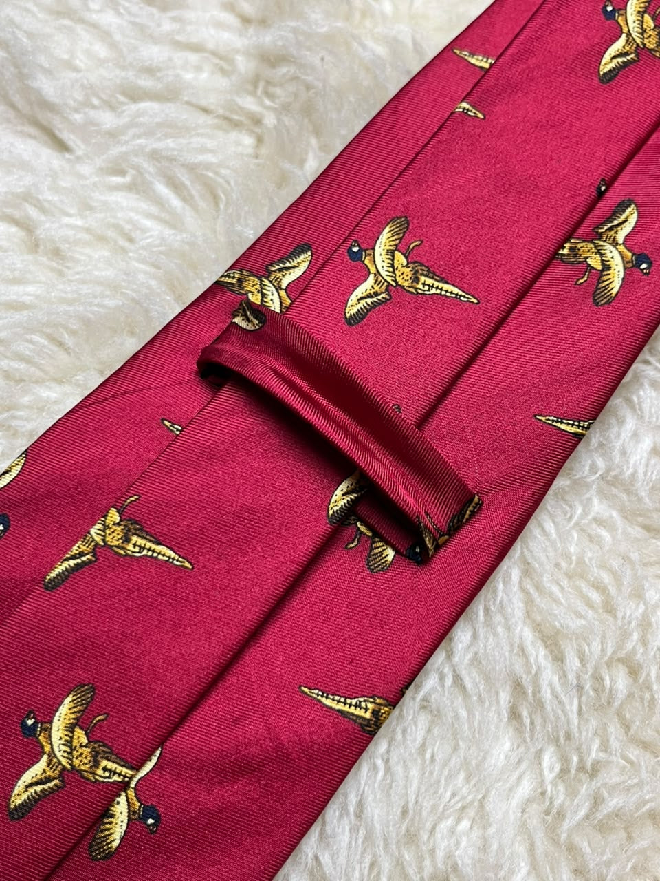 Handmade 100% Silk Tie Mens Burgundy Gold Pheasant Bird Hunting Motif