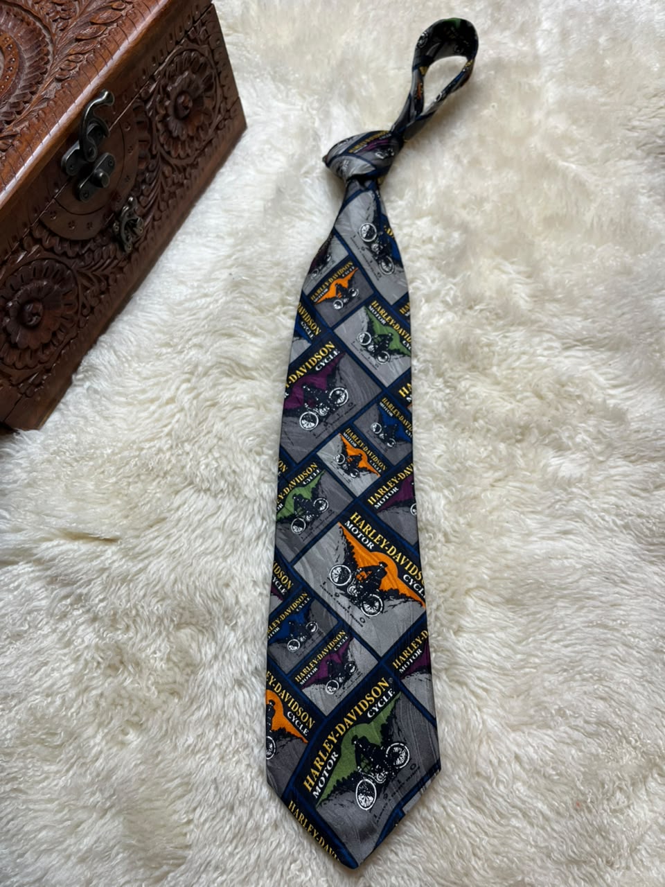 Harley-Davidson 100% Silk Tie Mens Grey Multi Motorcycle Patchwork Grid USA