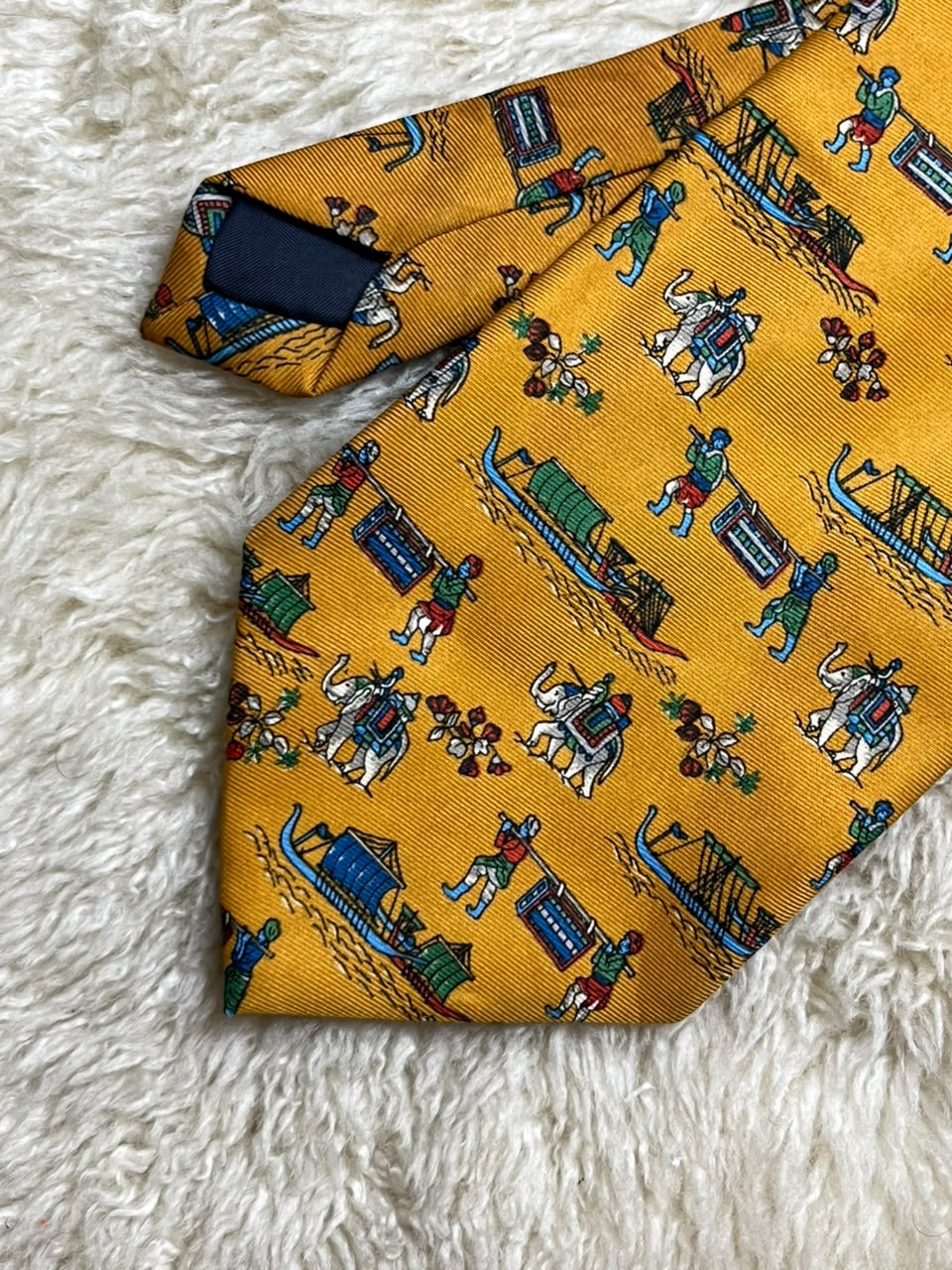 Alto Vintage Silk Tie Mens Mustard Yellow Blue Elephant Boat Motif Italy