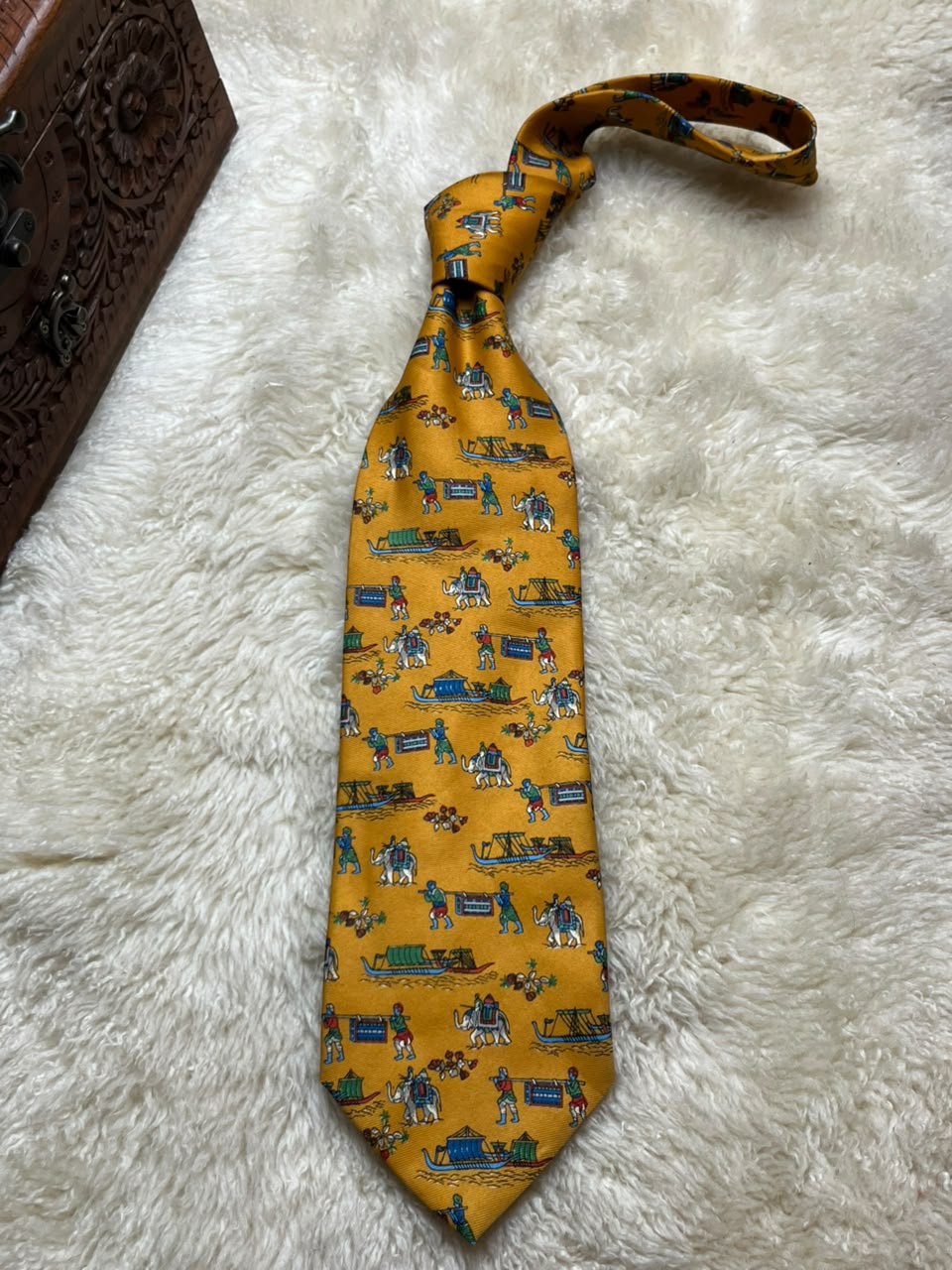 Alto Vintage Silk Tie Mens Mustard Yellow Blue Elephant Boat Motif Italy