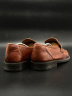 Vintage Mens Cognac Brown Leather Chevron Apron Toe Penny Loafers Shoes - 44