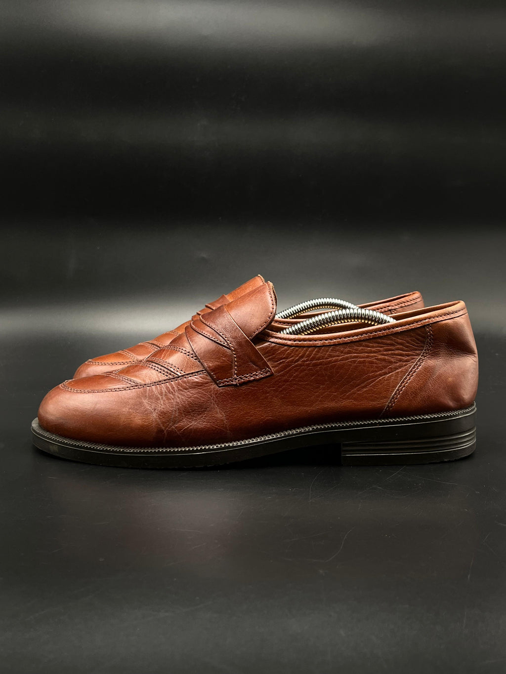 Vintage Mens Cognac Brown Leather Chevron Apron Toe Penny Loafers Shoes - 44