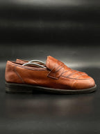 Vintage Mens Cognac Brown Leather Chevron Apron Toe Penny Loafers Shoes - 44