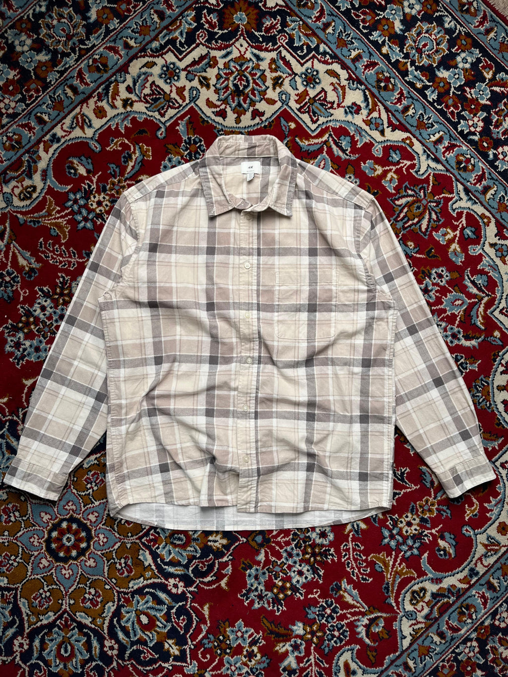 H&M Beige Grey Plaid Relaxed Fit Corduroy Button Down Shirt - XL
