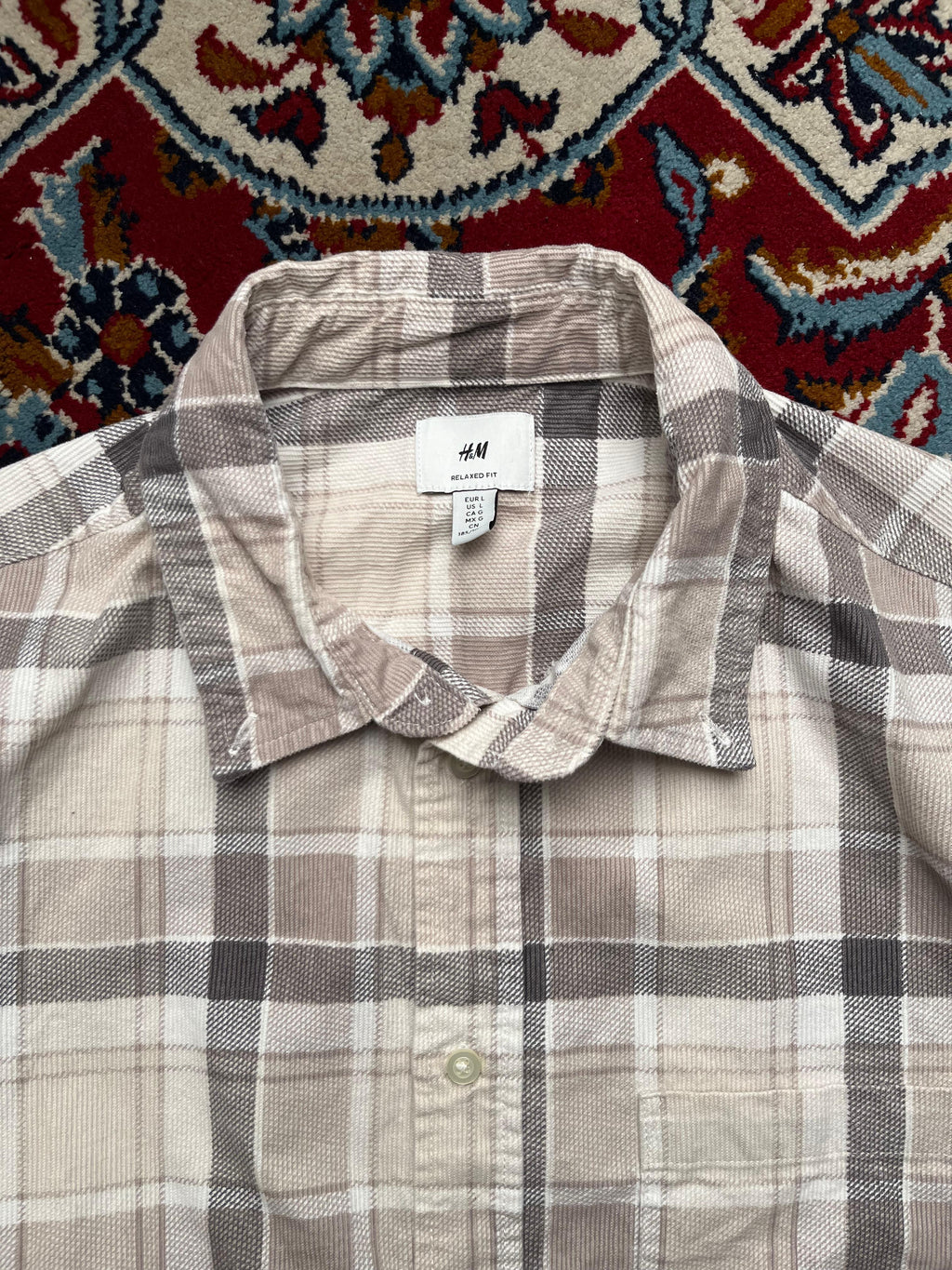 H&M Beige Grey Plaid Relaxed Fit Corduroy Button Down Shirt - XL