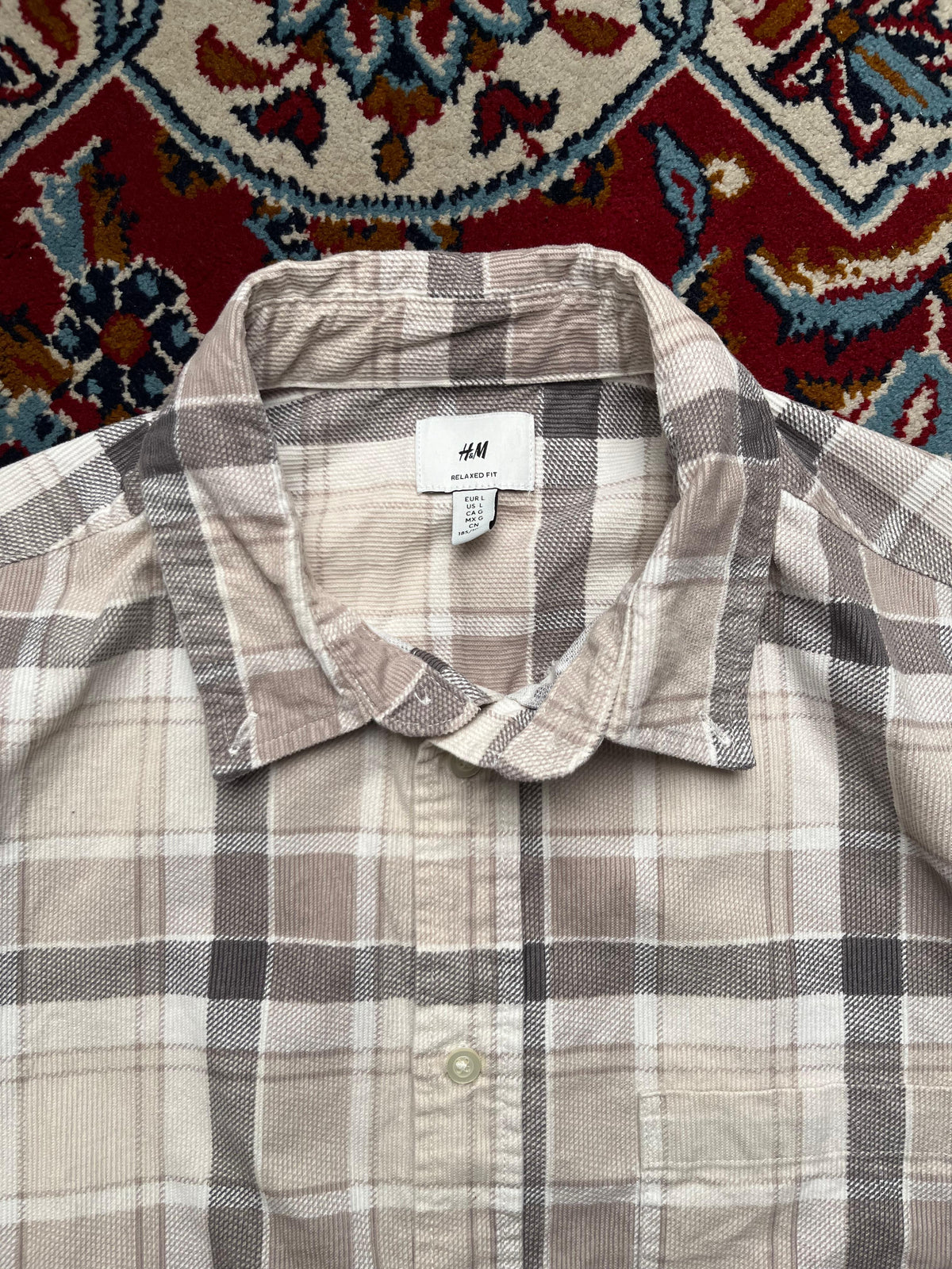 H&M Beige Grey Plaid Relaxed Fit Corduroy Button Down Shirt - XL
